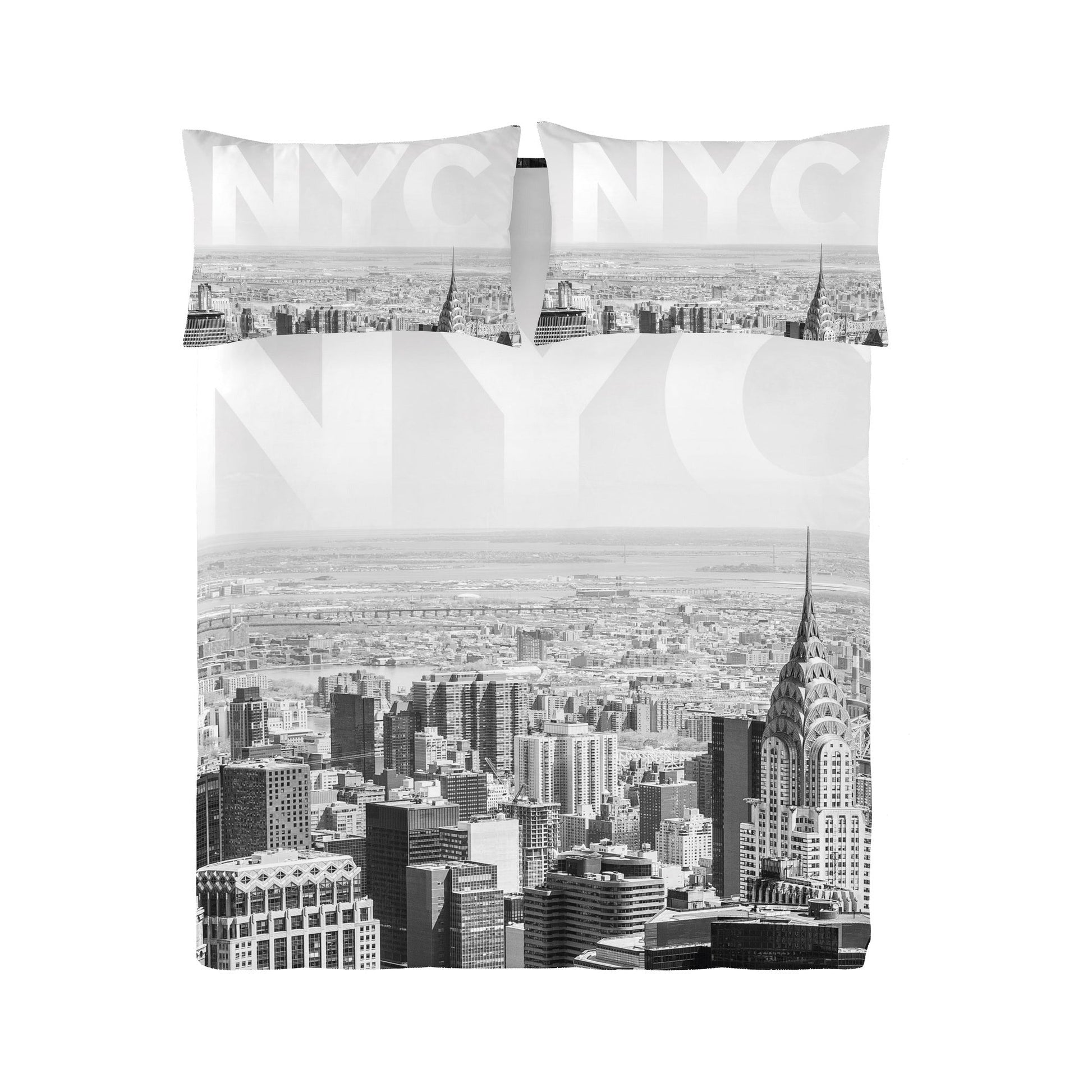 Pillowcase with a black and white cityscape design and 'NYC' text on a white background