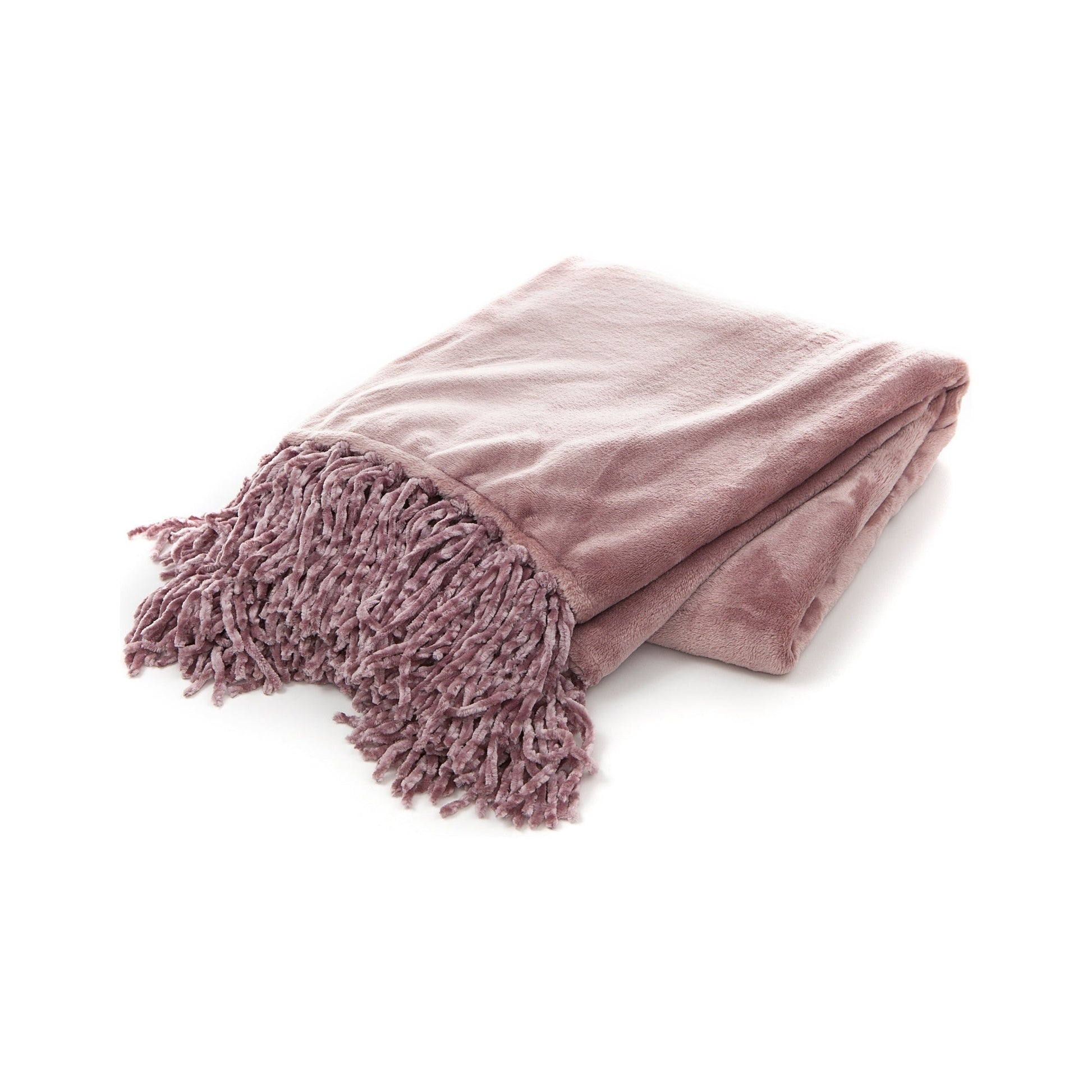 Folded pink blanket with tassels on a white background