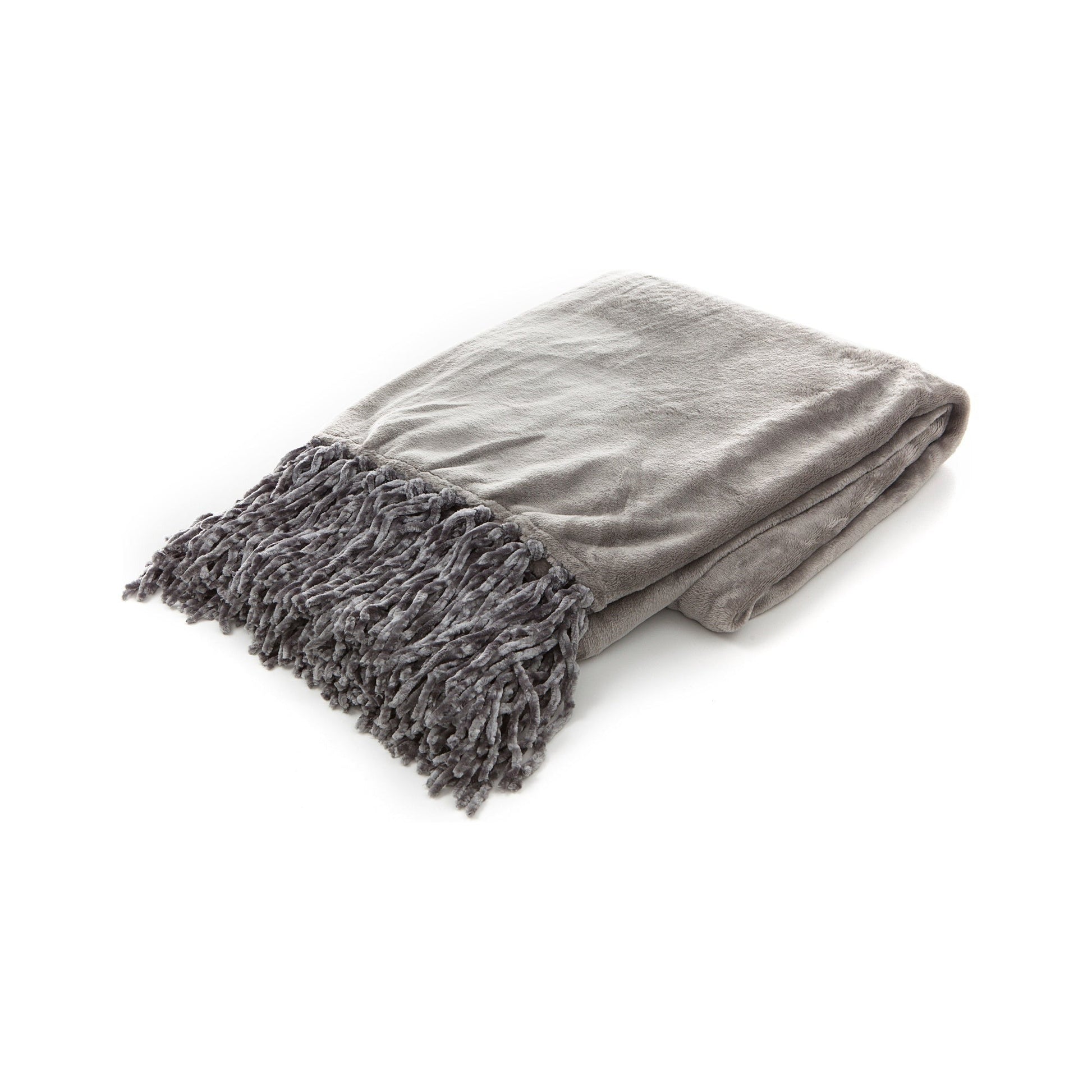 Gray throw blanket with fringe on a white background