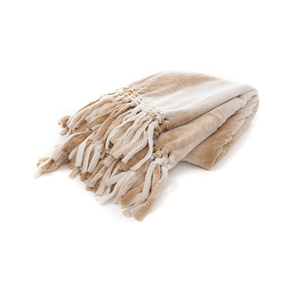 Beige and white blanket with tassels on a white background