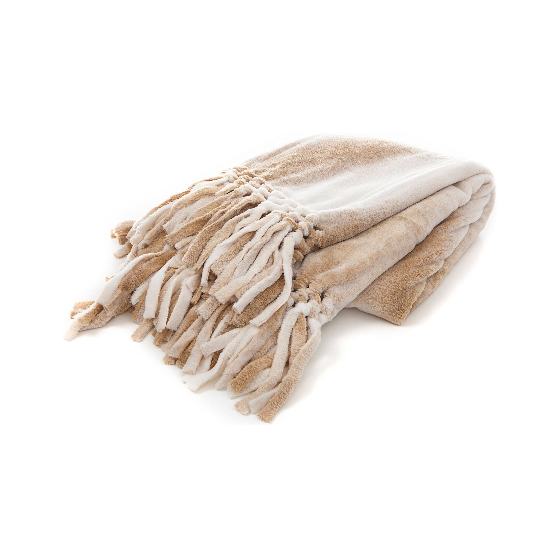 Beige and white blanket with tassels on a white background