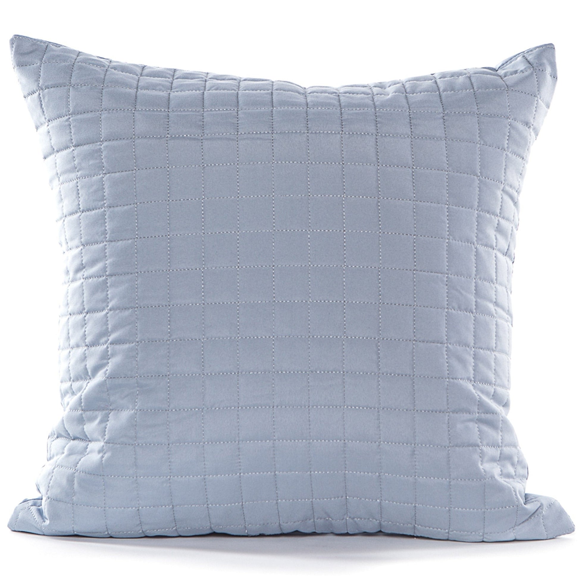 Quilted light blue pillow on a white background