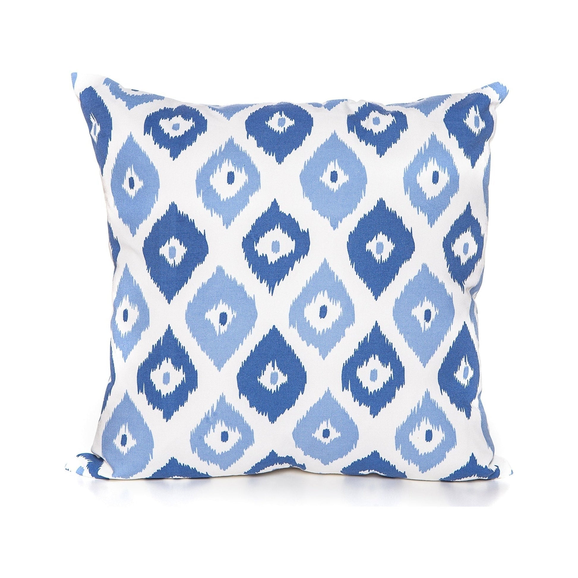 Decorative pillow with blue and white geometric pattern on a white background
