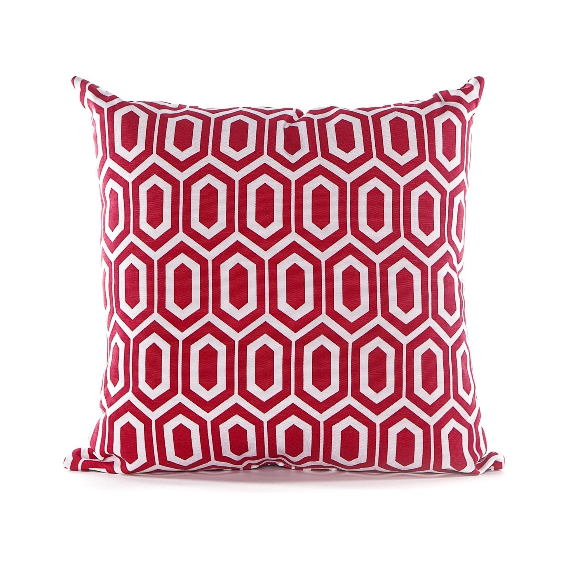 Red and white geometric patterned pillow on a white background
