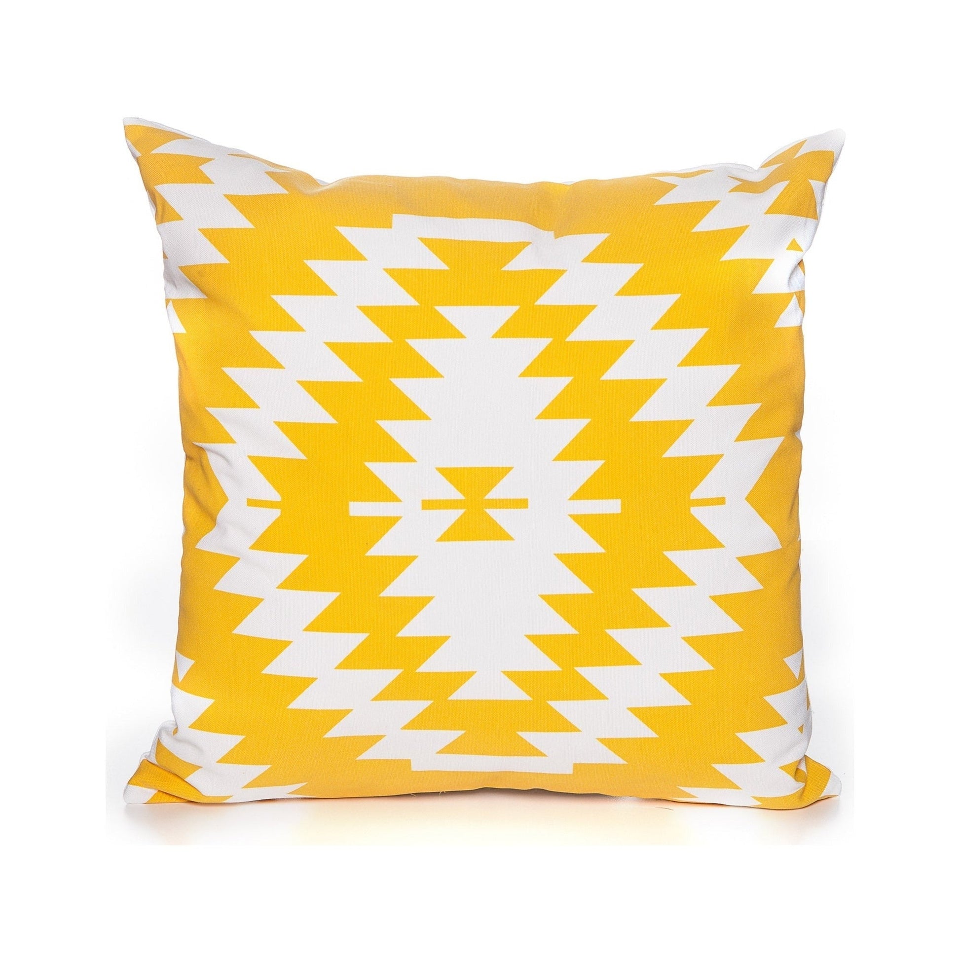 Yellow pillow with white geometric pattern on a white background