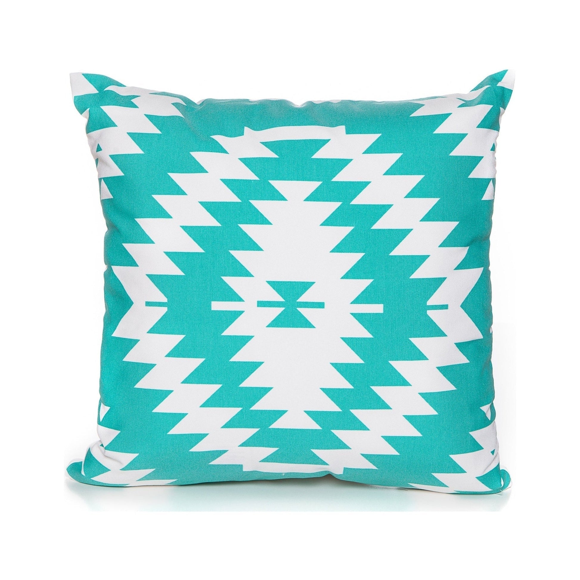 Turquoise and white geometric patterned pillow on a white background