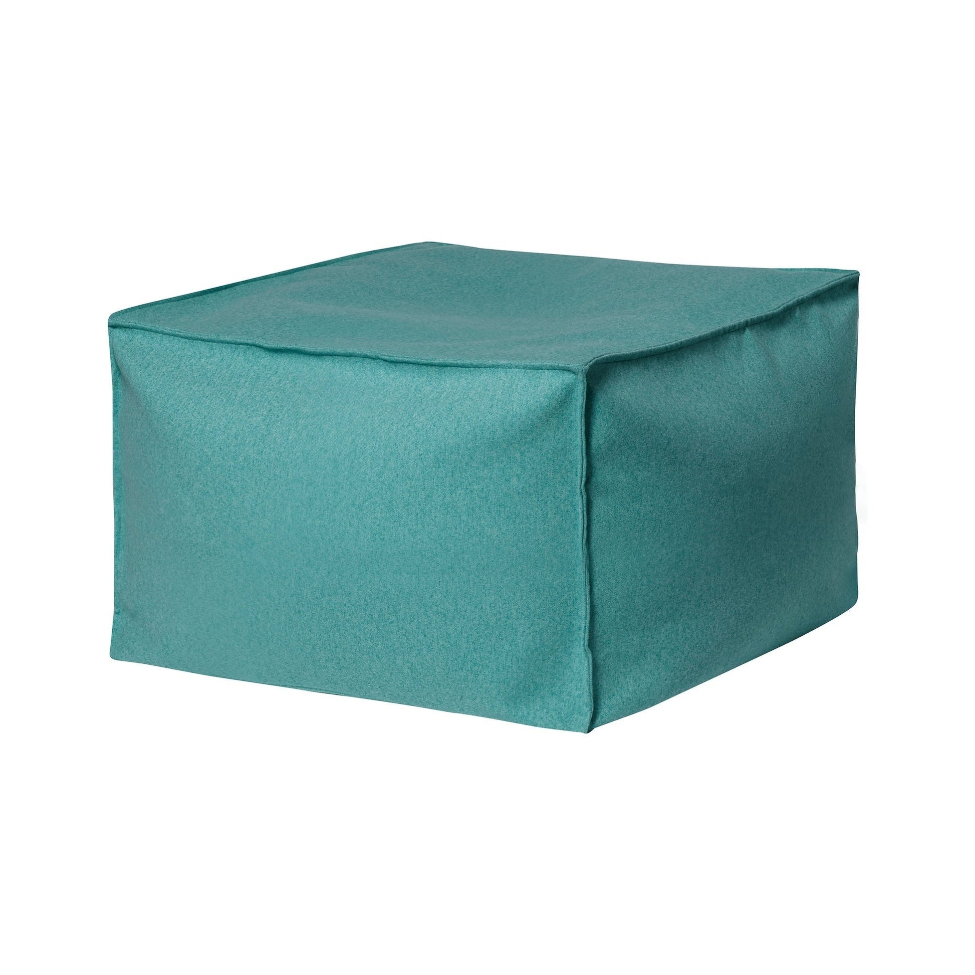 Teal cube-shaped ottoman on a white background