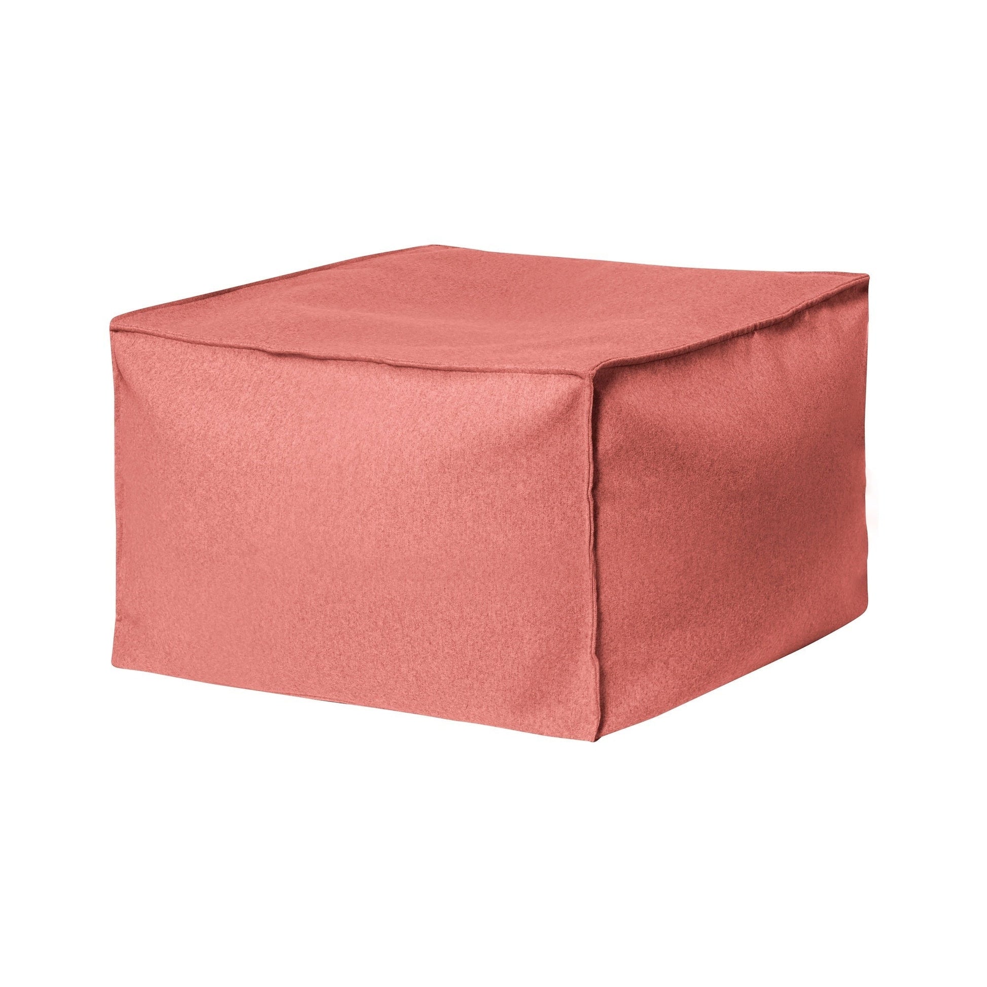 Coral-colored cube-shaped ottoman on a white background