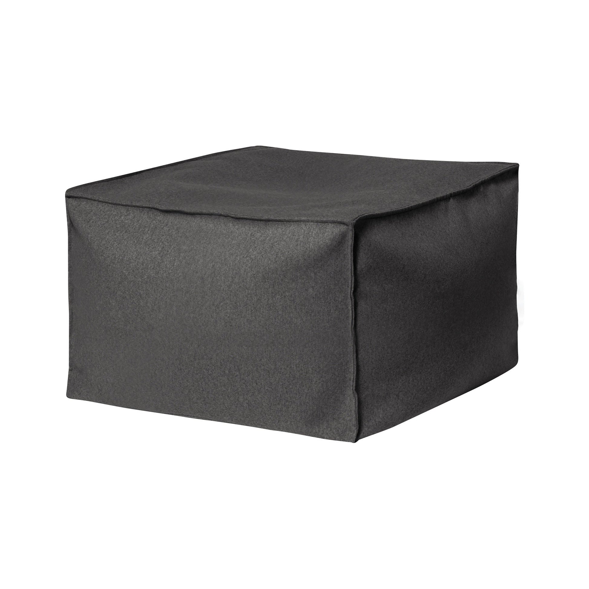 Dark gray cube-shaped ottoman on a white background