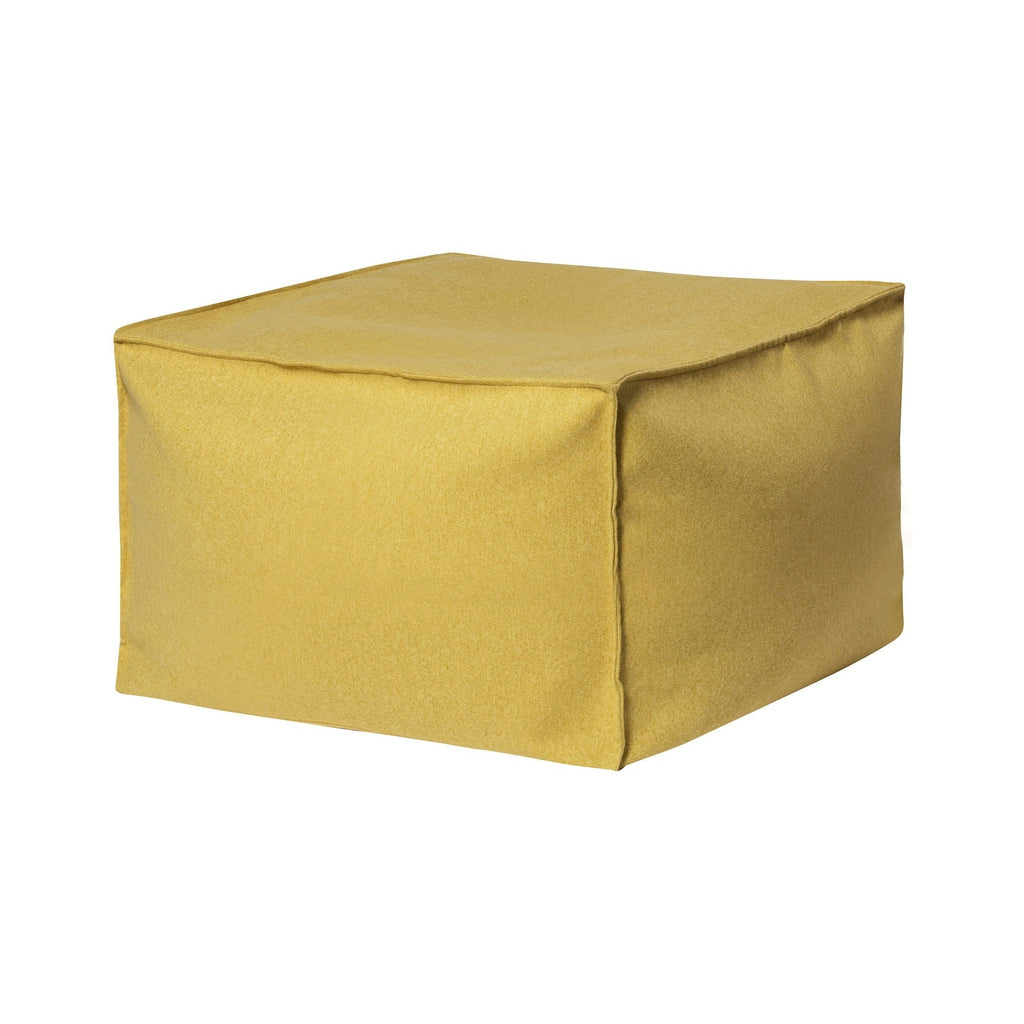 Yellow cube-shaped ottoman on a white background