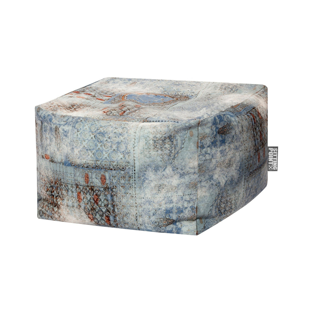 Decorative ottoman with a patterned design on a white background