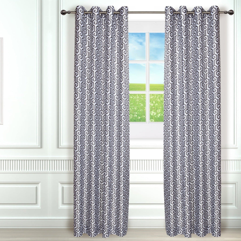 Patterned curtains on a window with a plant and framed picture in the room.