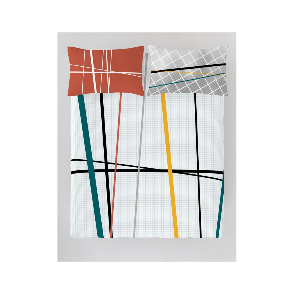 Abstract art print with geometric shapes and lines on a gray background