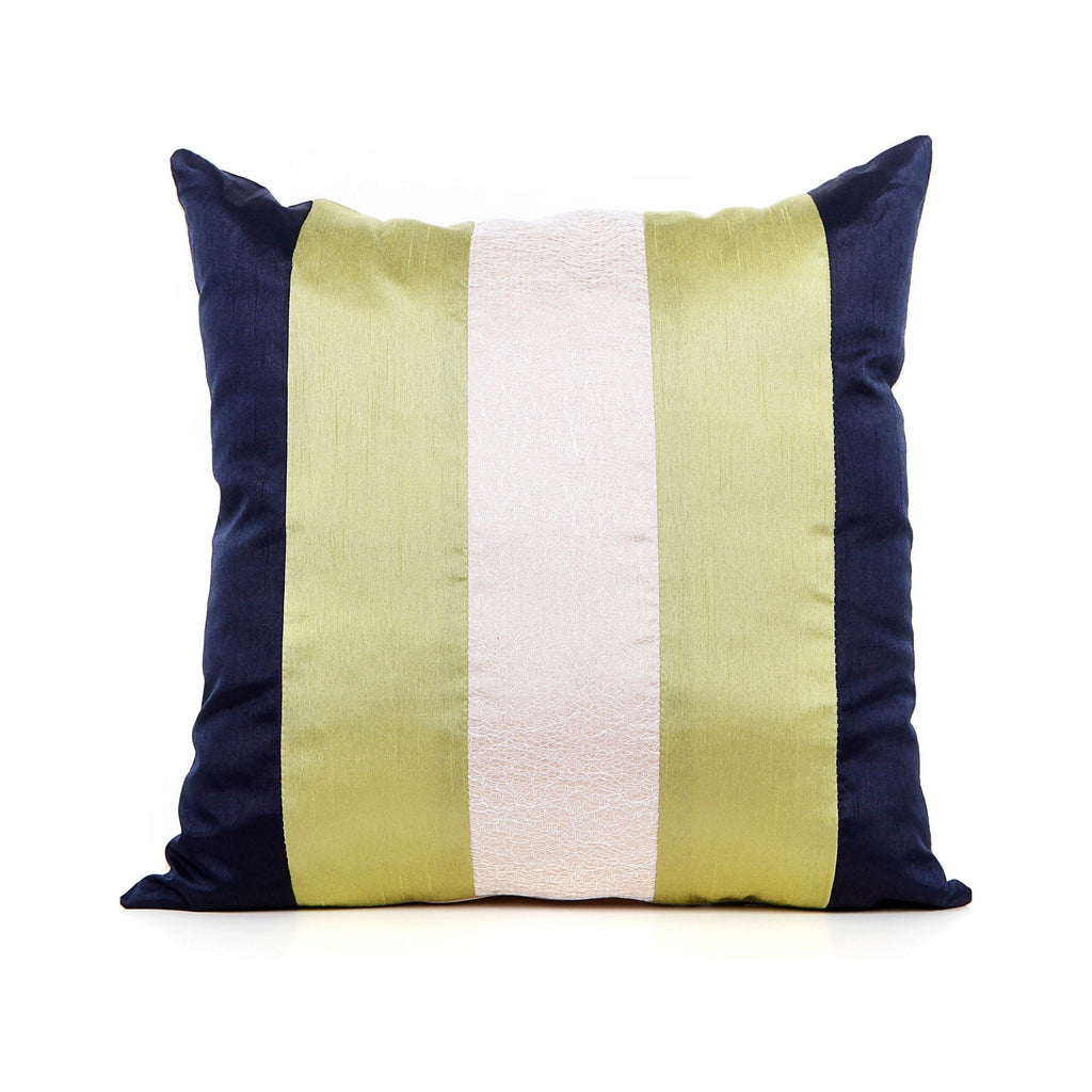 Striped pillow with navy, green, and white colors on a white background