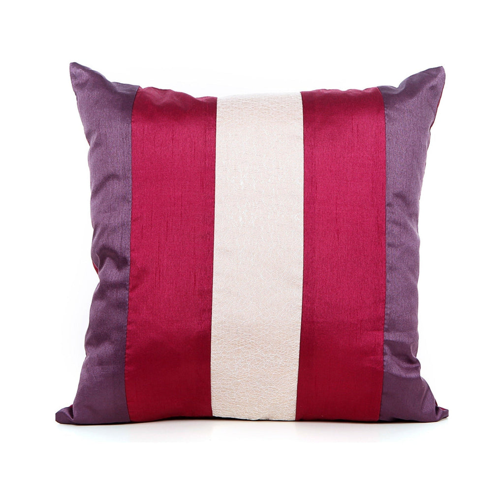 Striped pillow with purple, red, and white colors on a white background