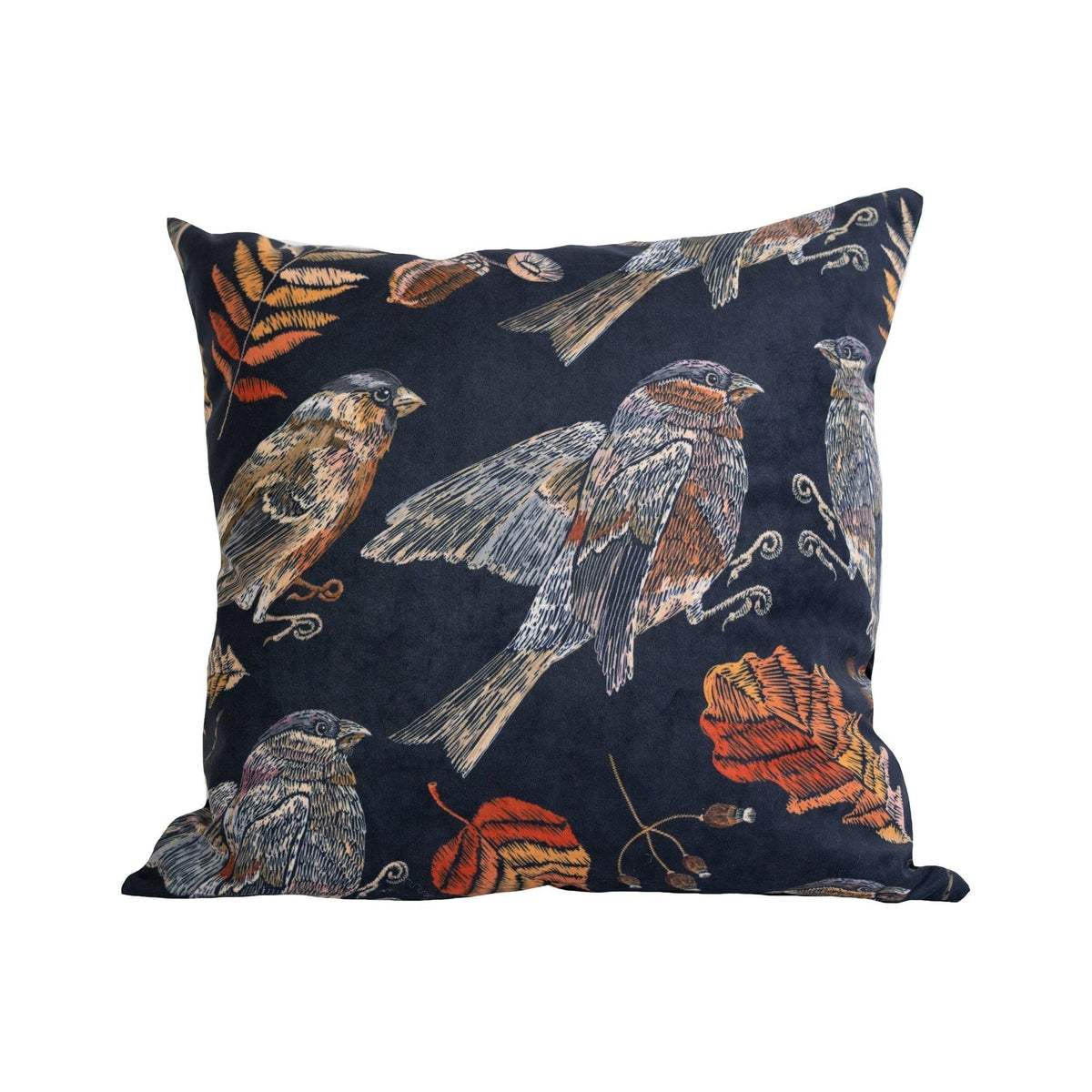 Decorative pillow with bird and leaf pattern 