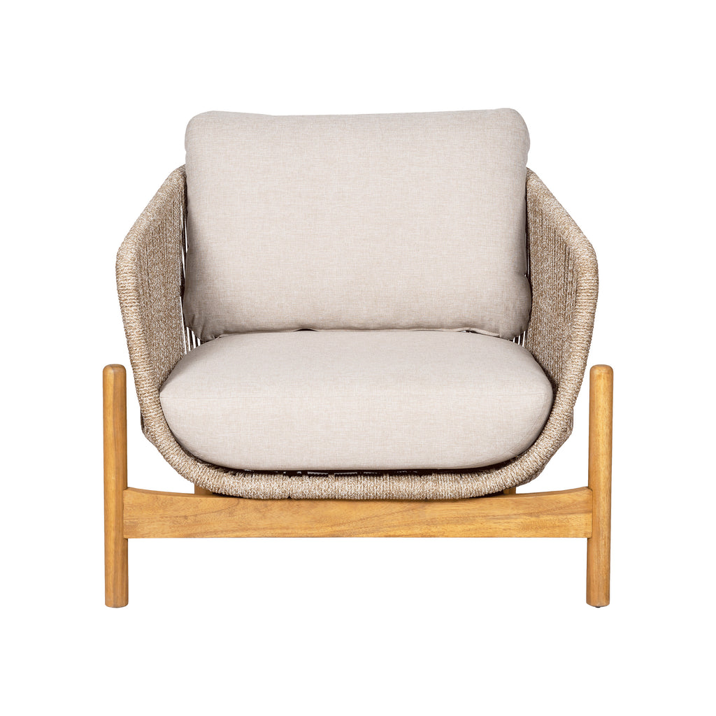 Chair with beige cushion and wooden frame on a white background