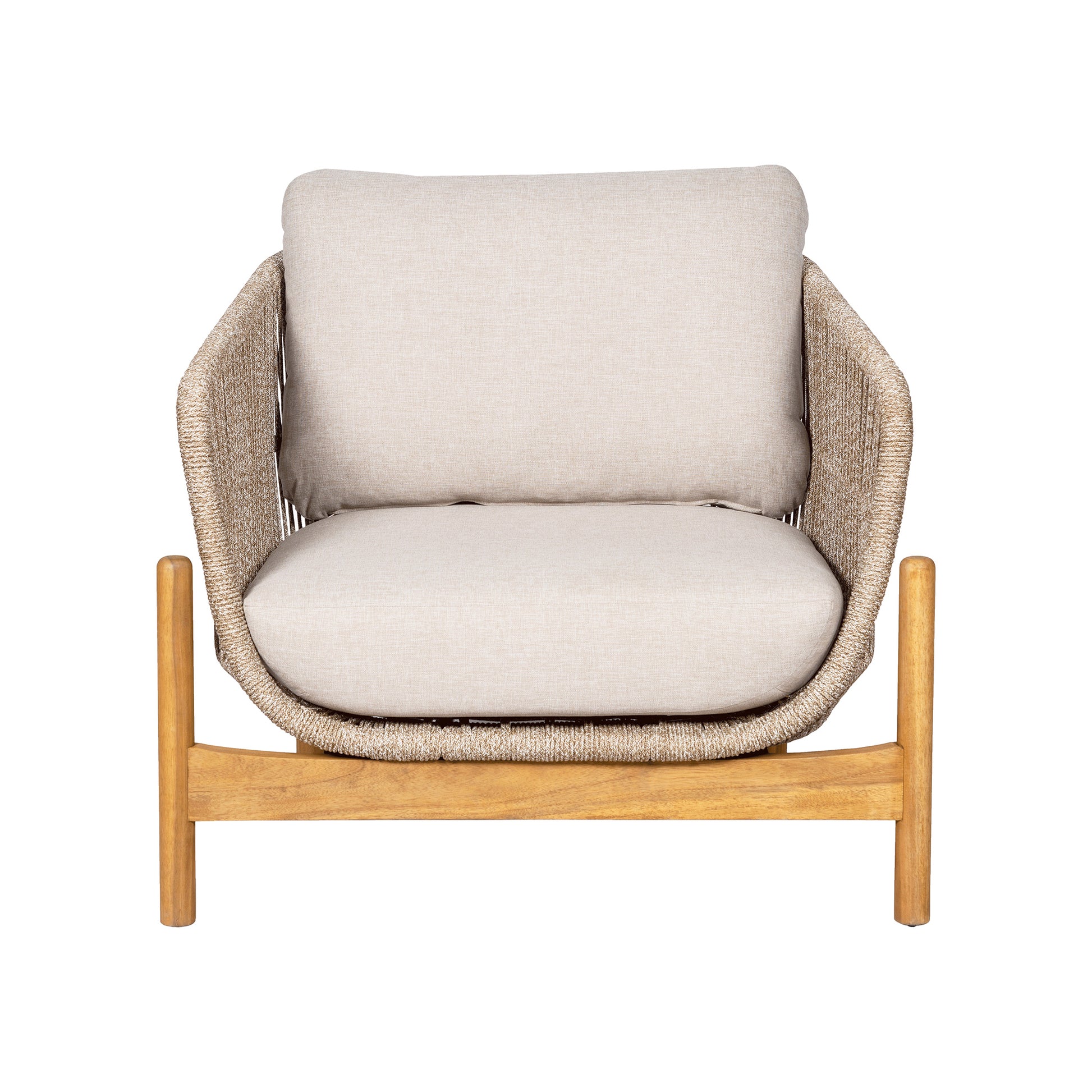 Chair with beige cushion and wooden frame on a white background