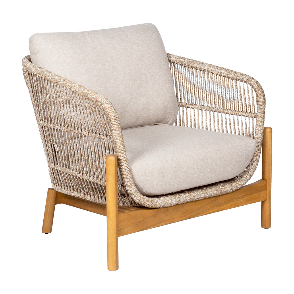Wicker armchair with wooden legs and beige cushions on a white background