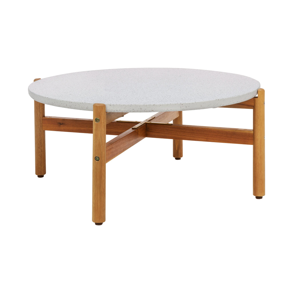 Round coffee table with wooden frame and white top on a white background