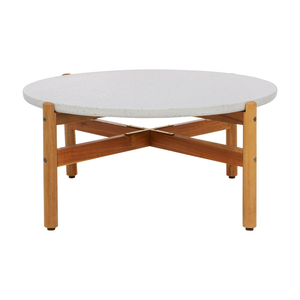 Round coffee table with wooden frame and white marble top on a white background