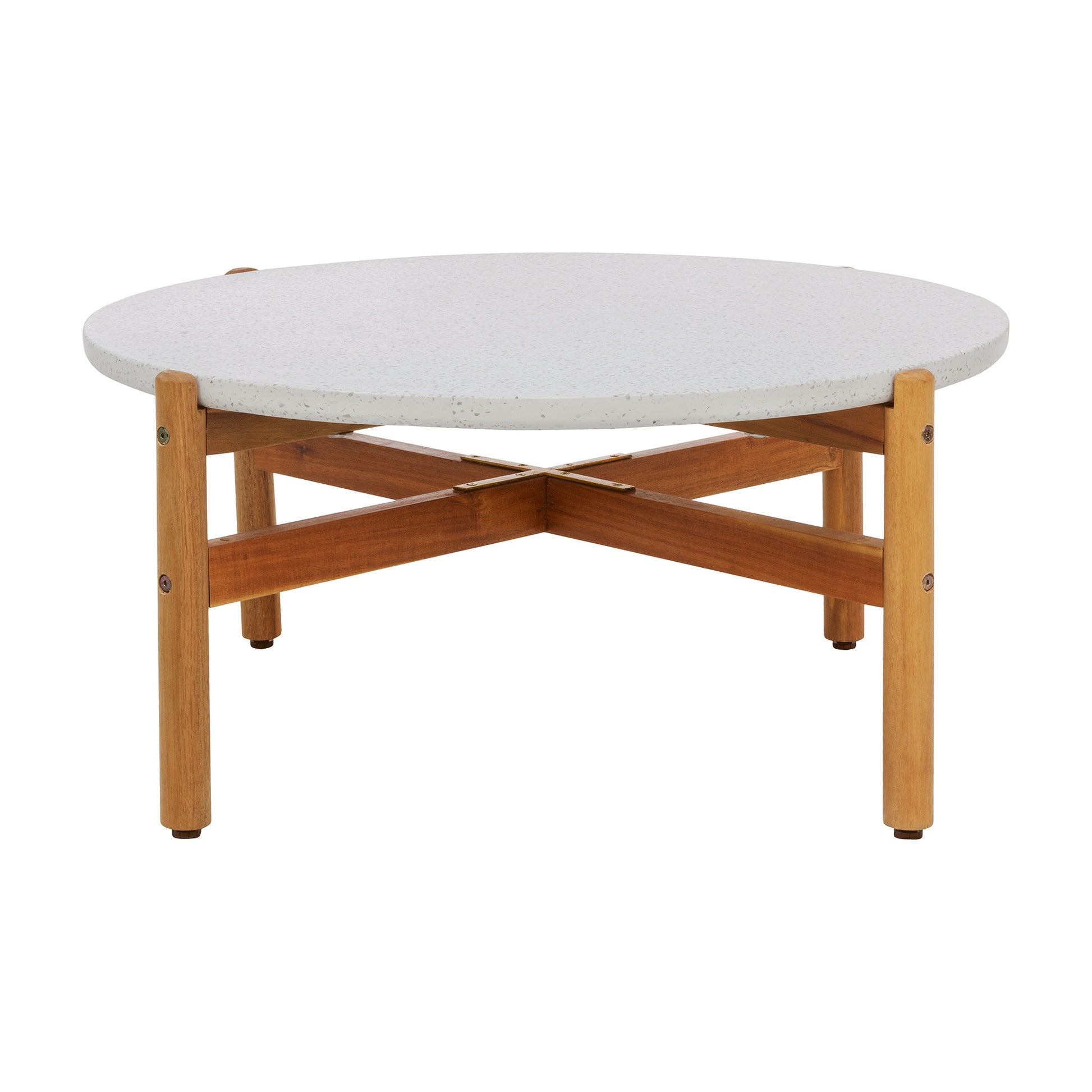 Round coffee table with wooden frame and white marble top on a white background
