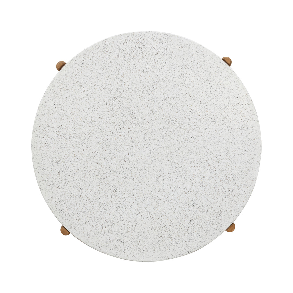 Round white stone table with four wooden legs on a white background