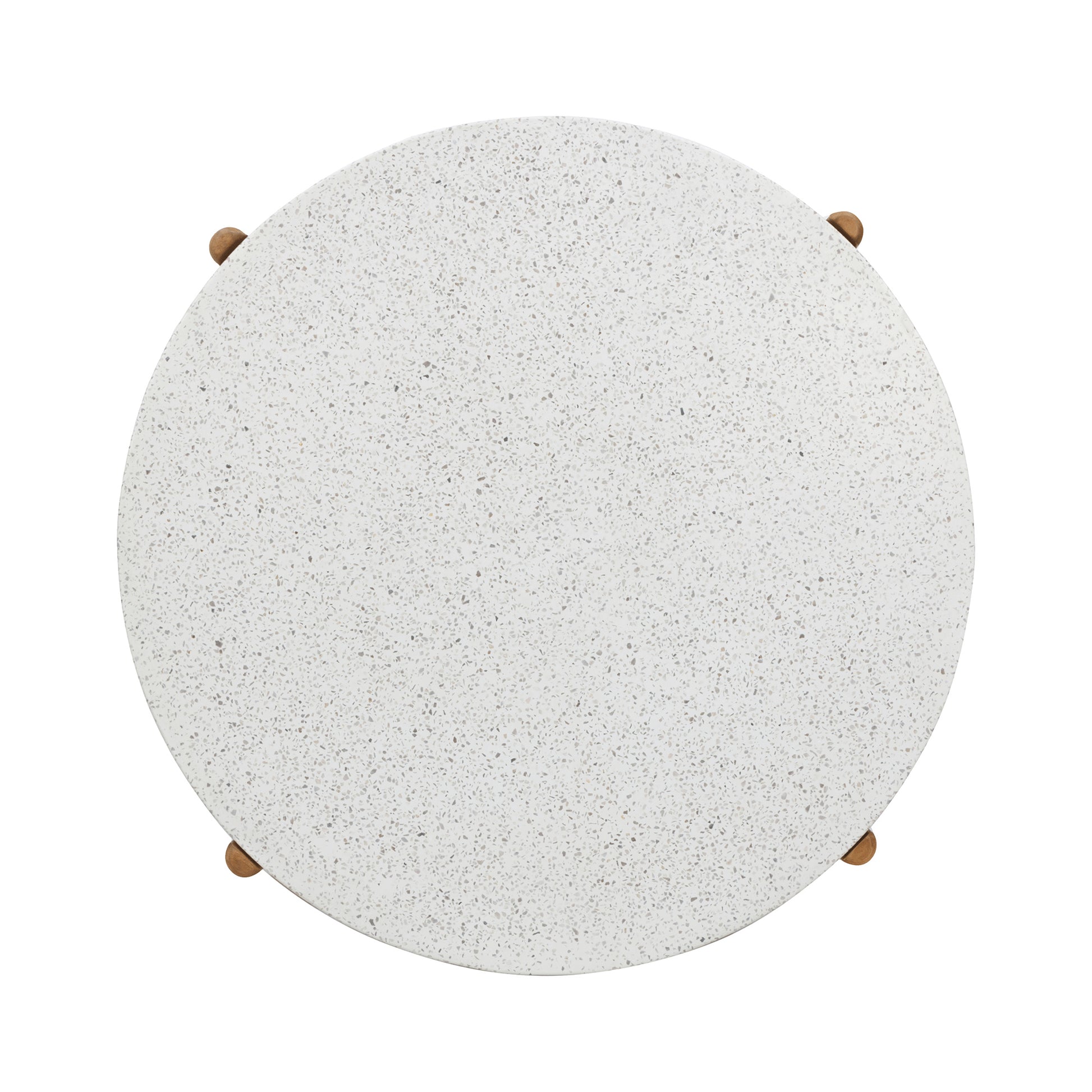 Round white stone table with four wooden legs on a white background