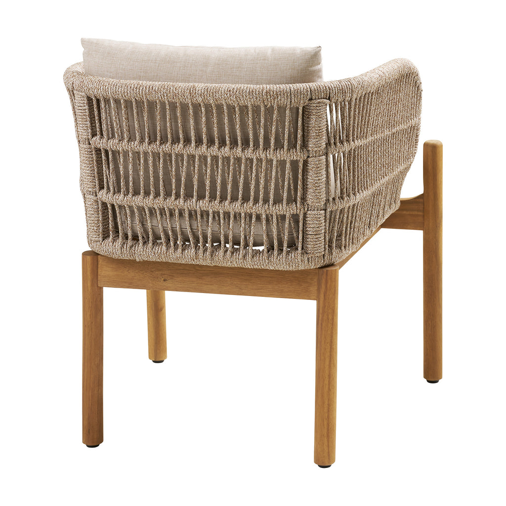 Portofino outdoor dining chair with acacia wood frame, hand-woven rope detail, and beige cushion on white background