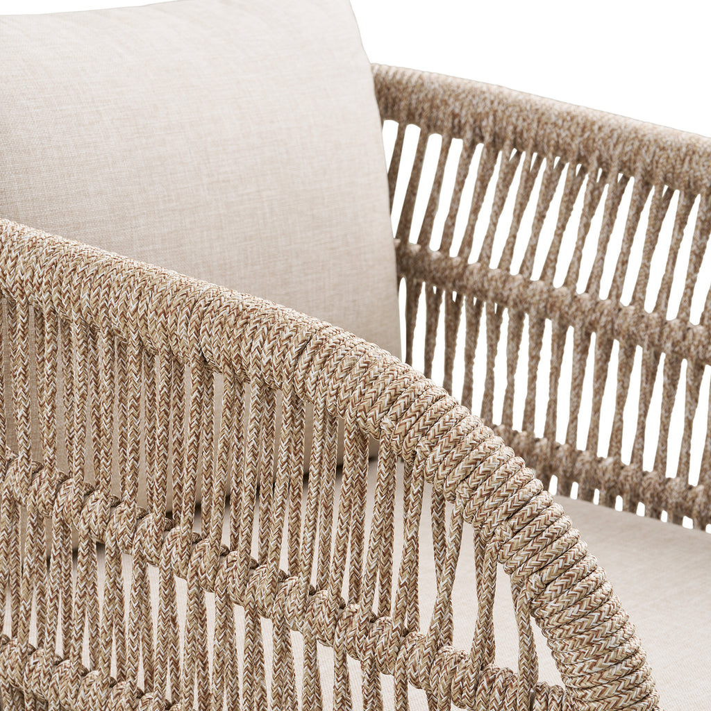 Portofino outdoor dining chair with acacia wood frame, hand-woven rope detail, and beige cushion on white background