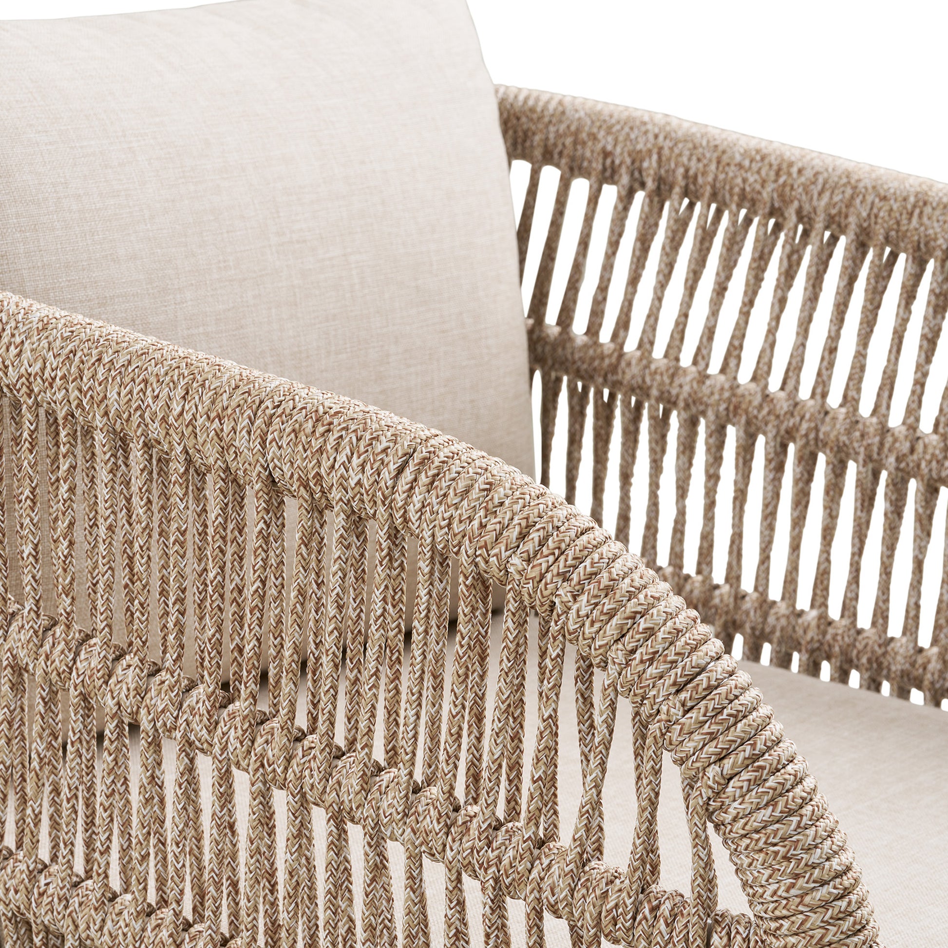Portofino outdoor dining chair with acacia wood frame, hand-woven rope detail, and beige cushion on white background