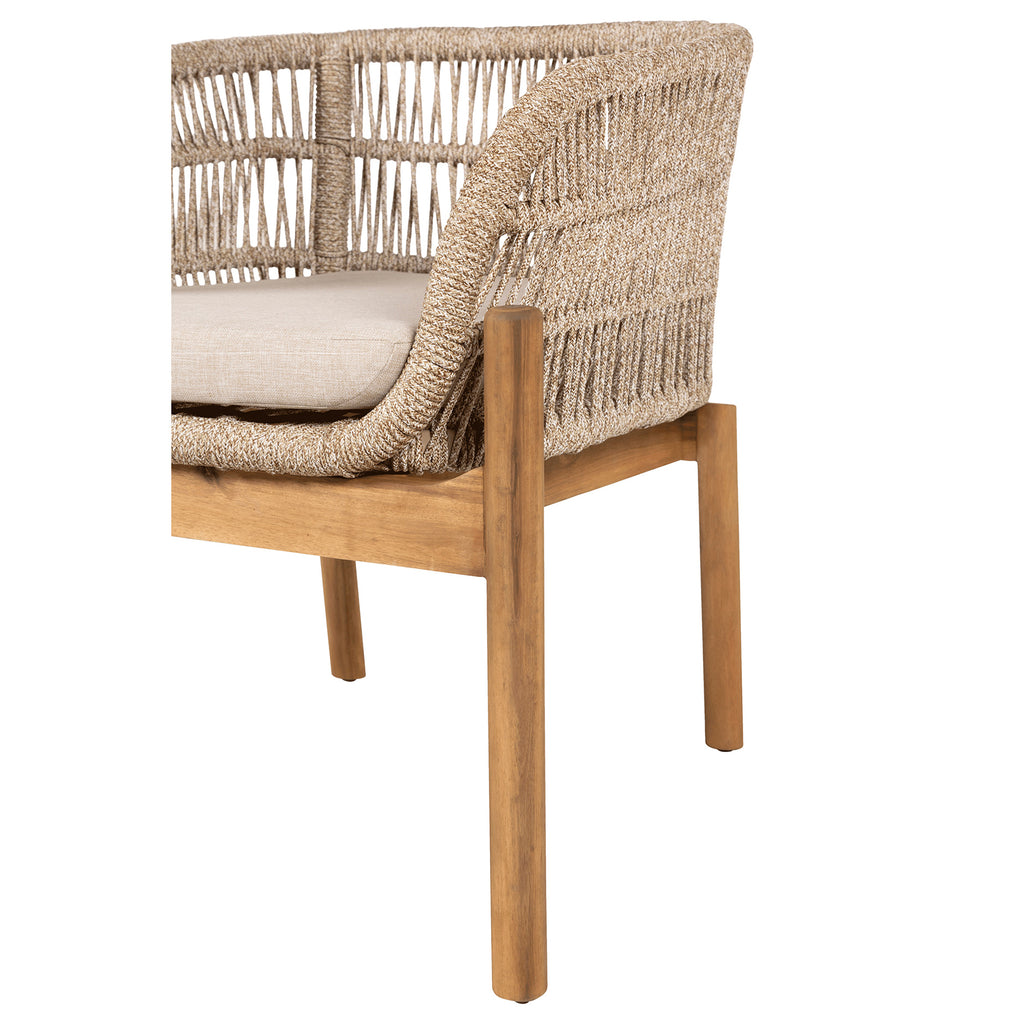 Portofino outdoor dining chair with acacia wood frame, hand-woven rope detail, and beige cushion on white background