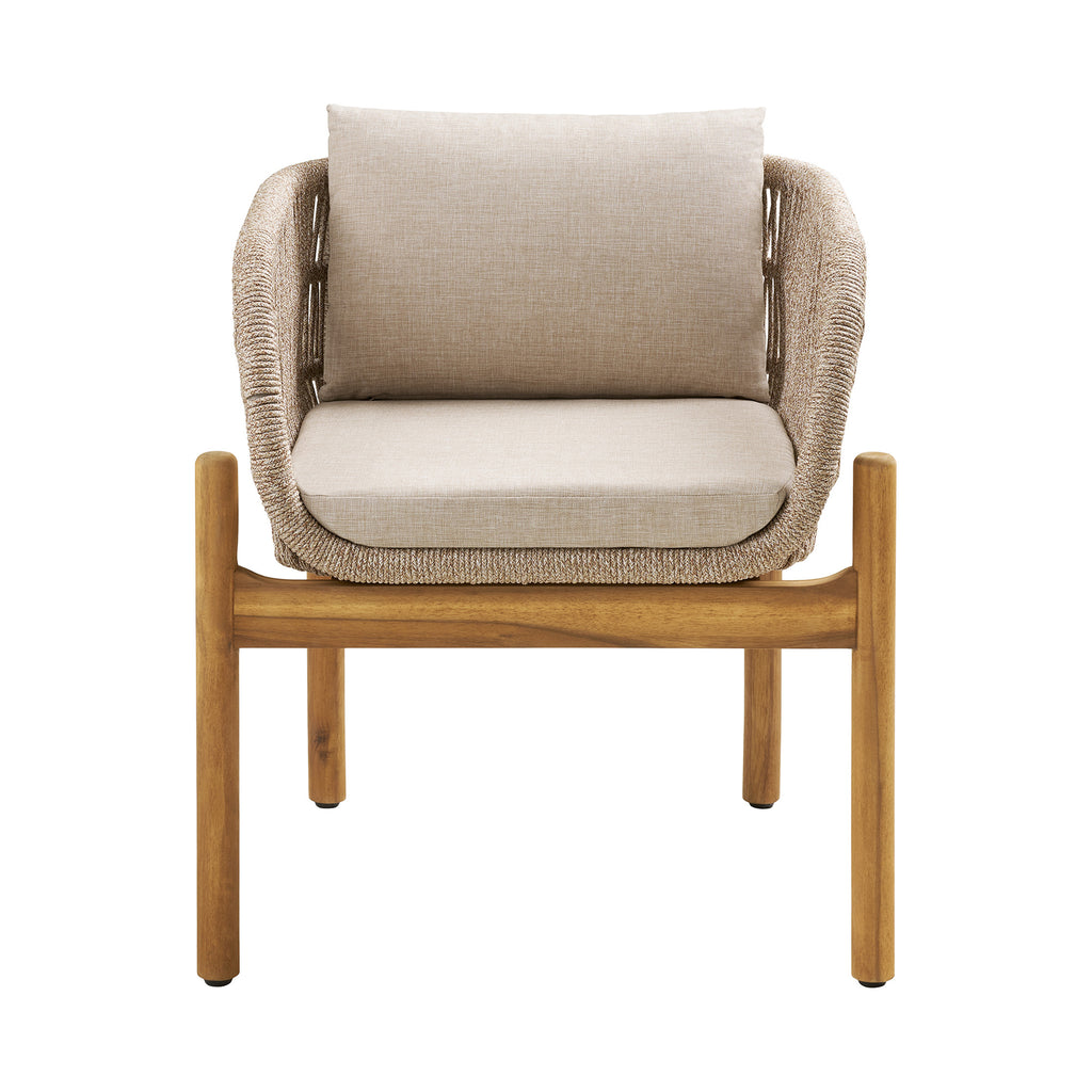 Portofino outdoor dining chair with acacia wood frame, hand-woven rope detail, and beige cushion on white background