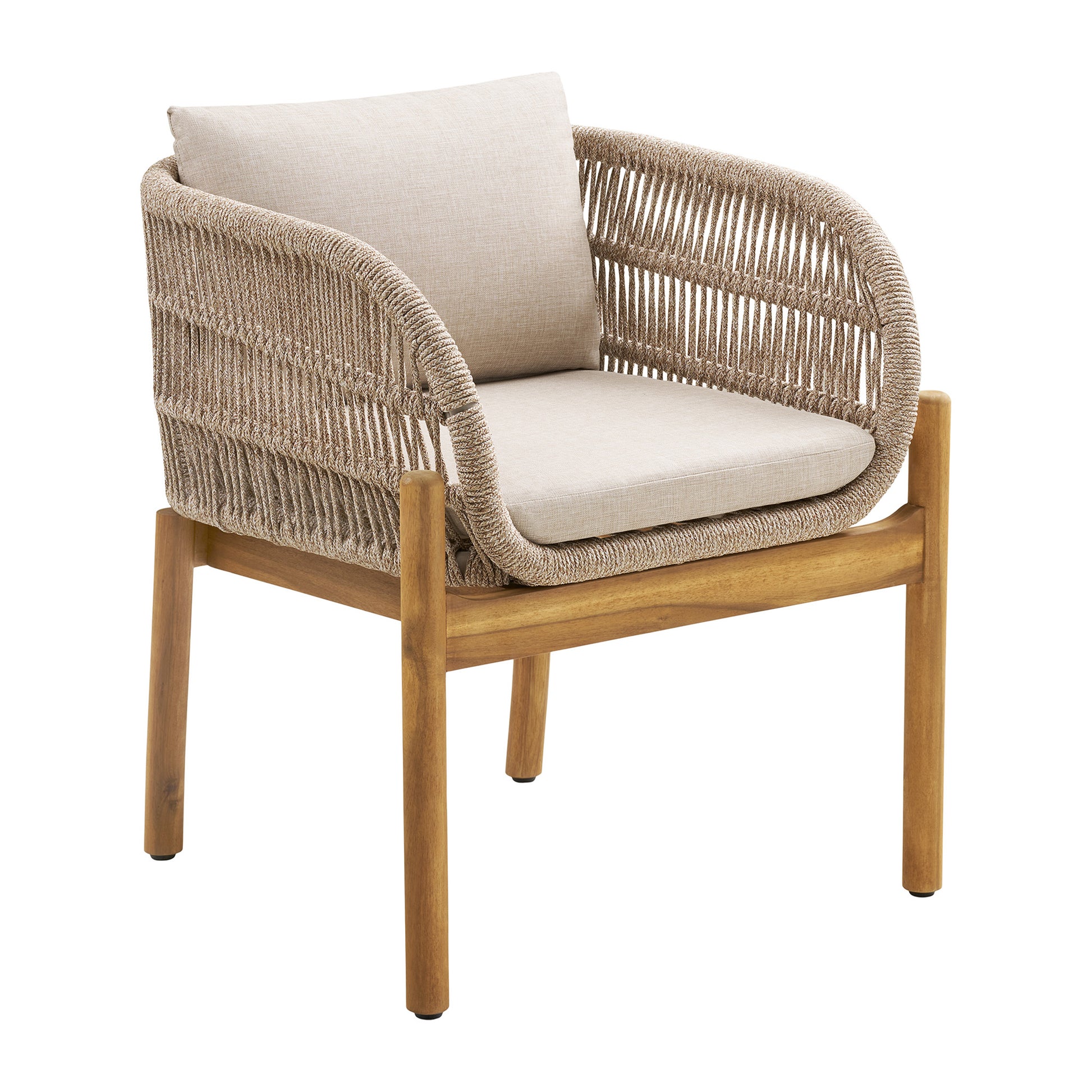 Portofino outdoor dining chair with acacia wood frame, hand-woven rope detail, and beige cushion on white background