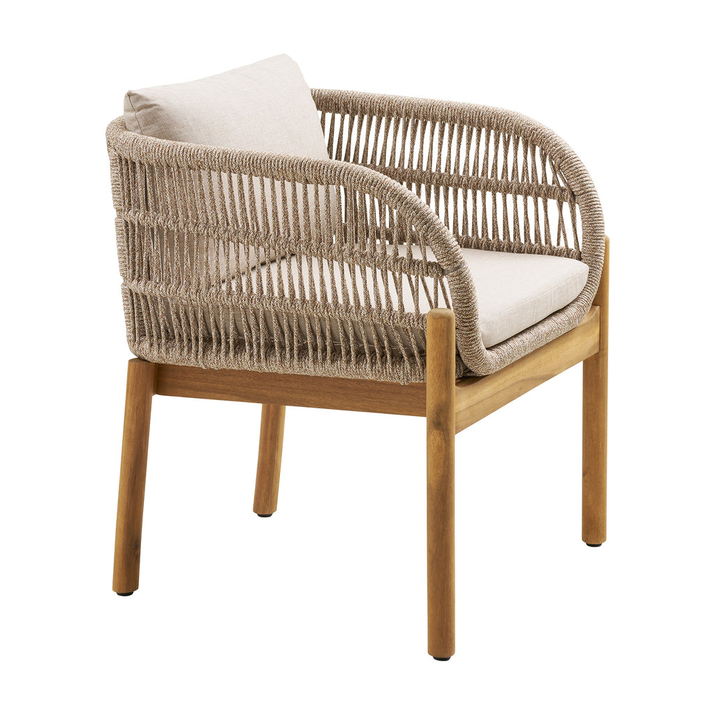 Portofino outdoor dining chair with acacia wood frame, hand-woven rope detail, and beige cushion on white background