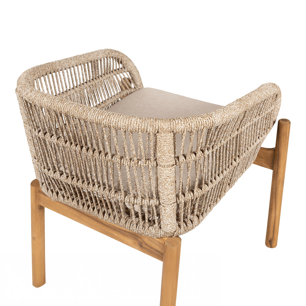 Portofino outdoor dining chair with acacia wood frame, hand-woven rope detail, and beige cushion on white background