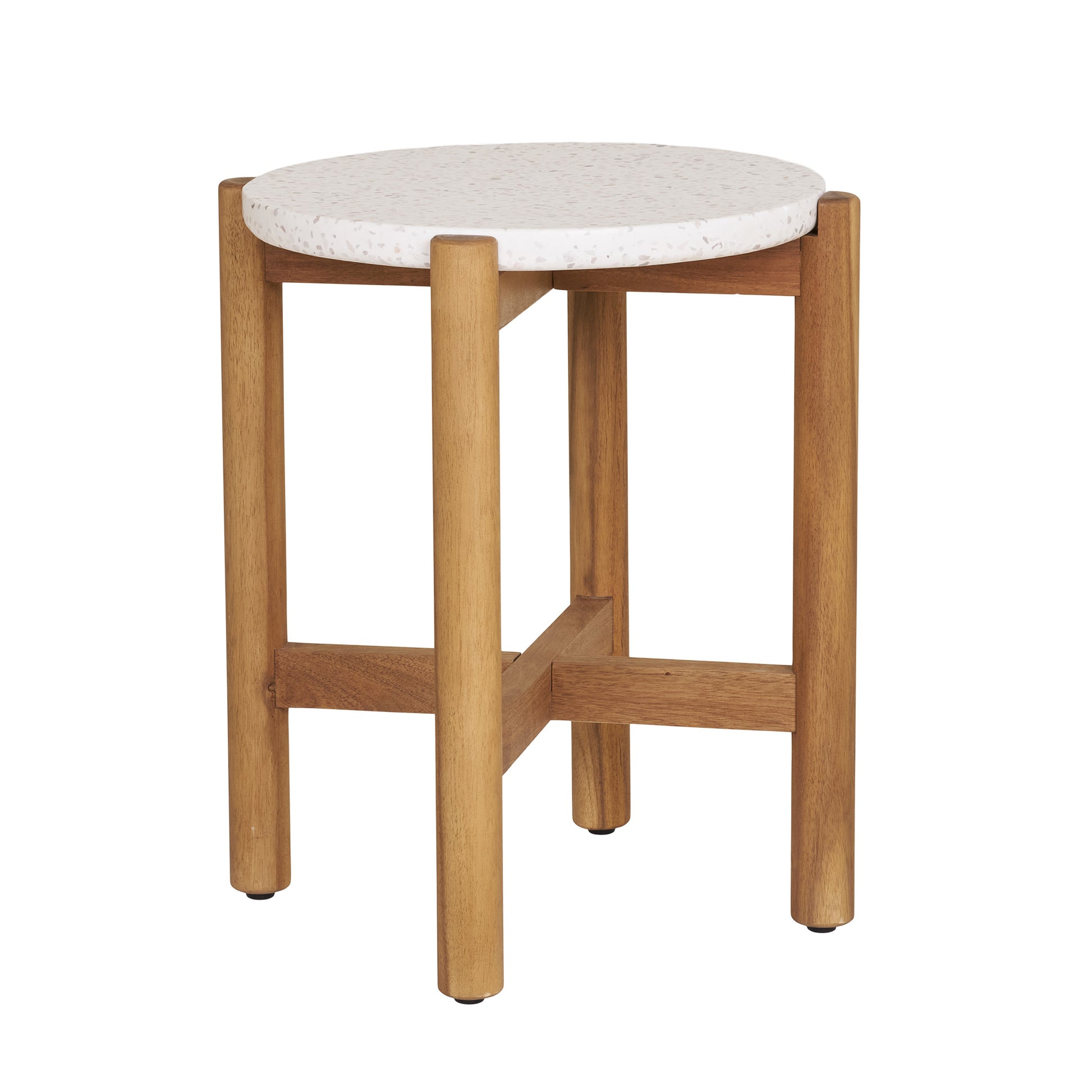 Portofino outdoor side table with acacia wood frame and terrazzo stone top in natural and white finish on a white background