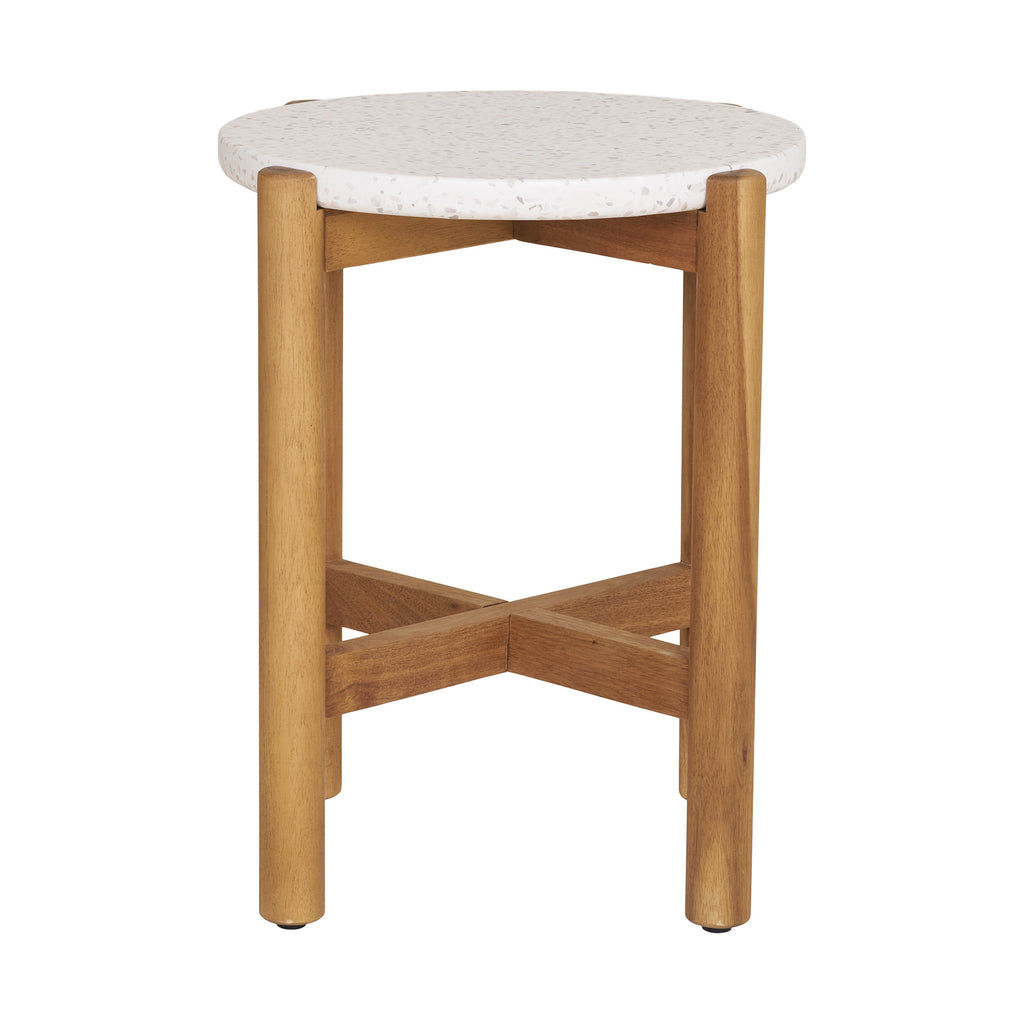 Angled view of Portofino outdoor side table showing terrazzo top and solid acacia wood base