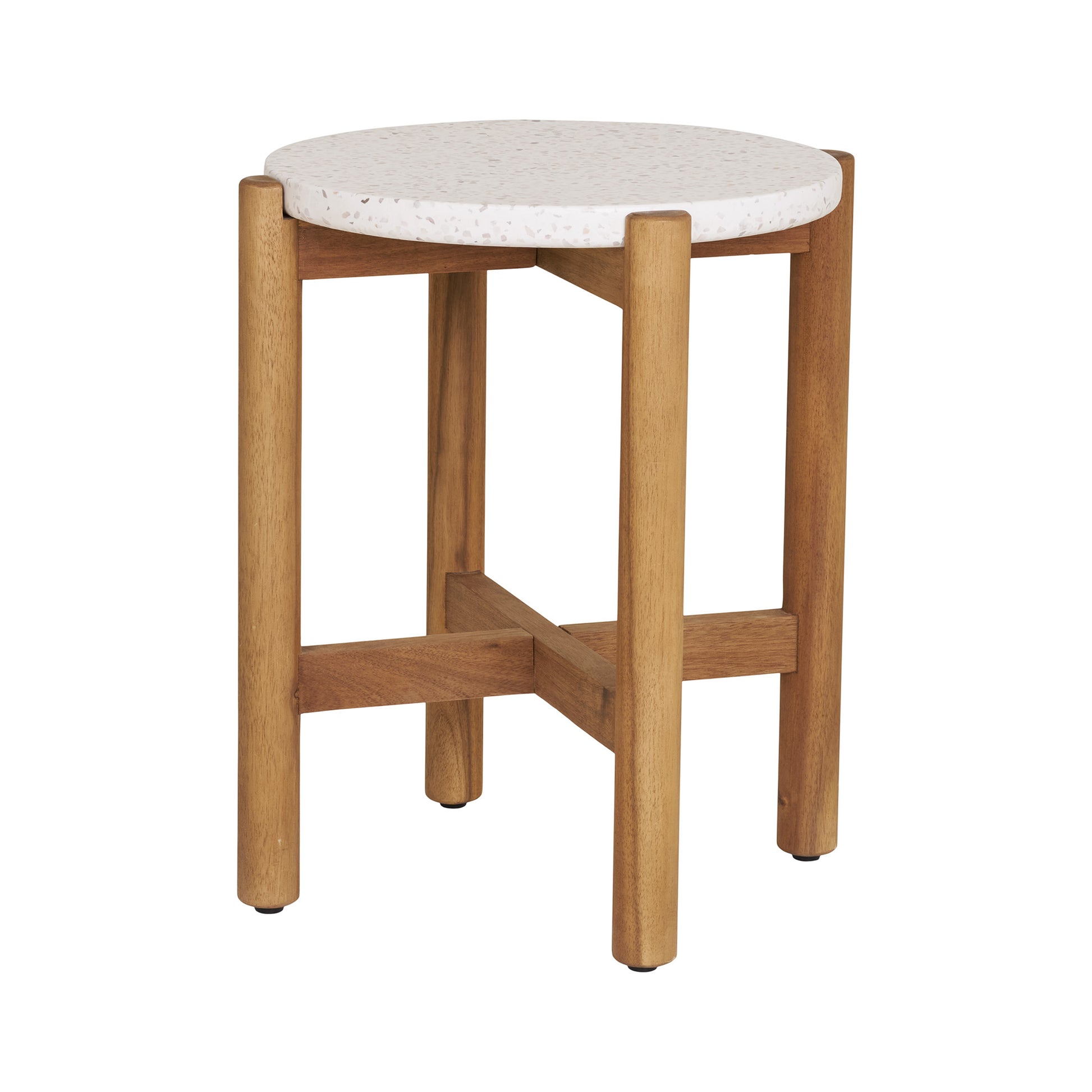 Angled view of Portofino outdoor side table showing terrazzo top and solid acacia wood base