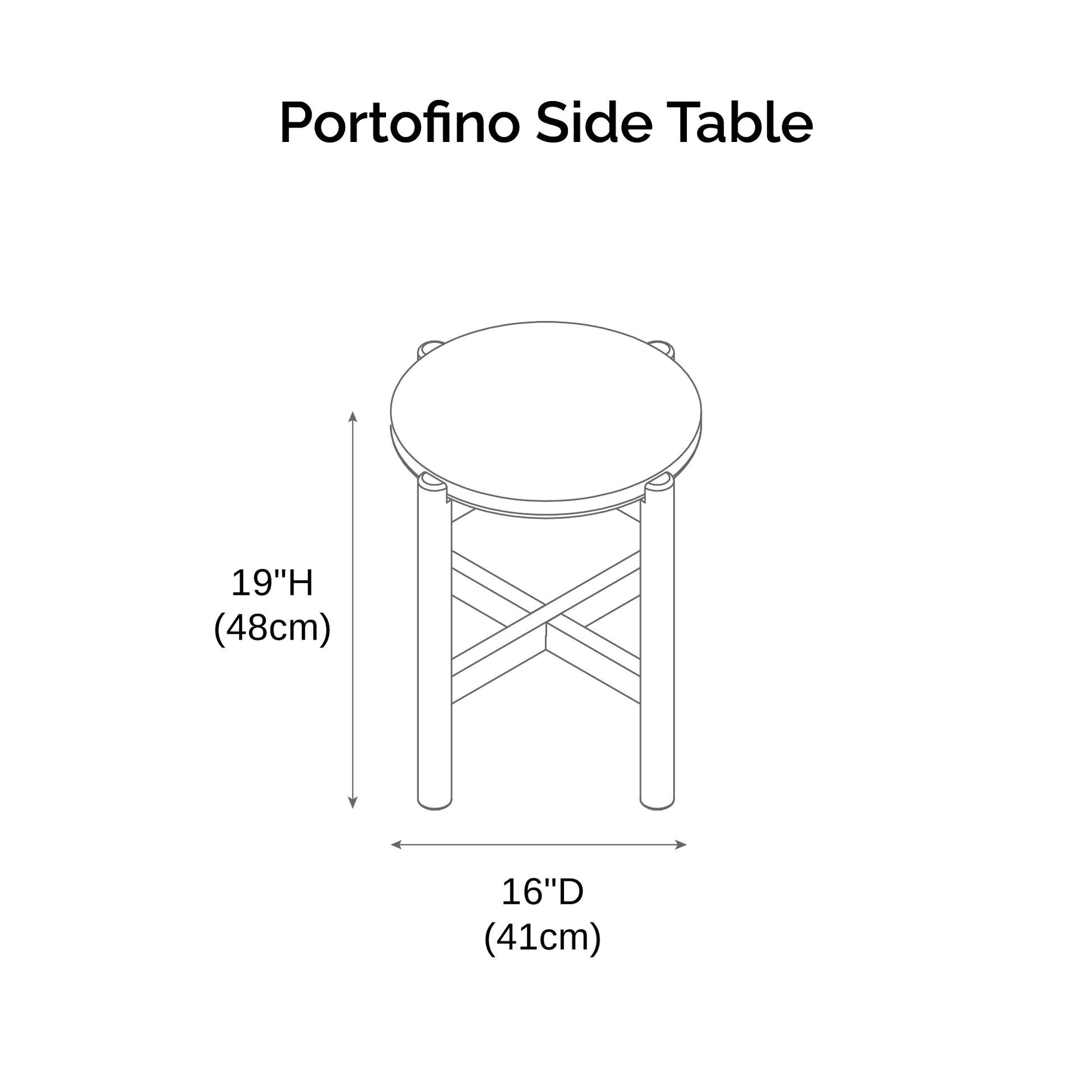 Technical drawing of a Portofino Side Table with dimensions.