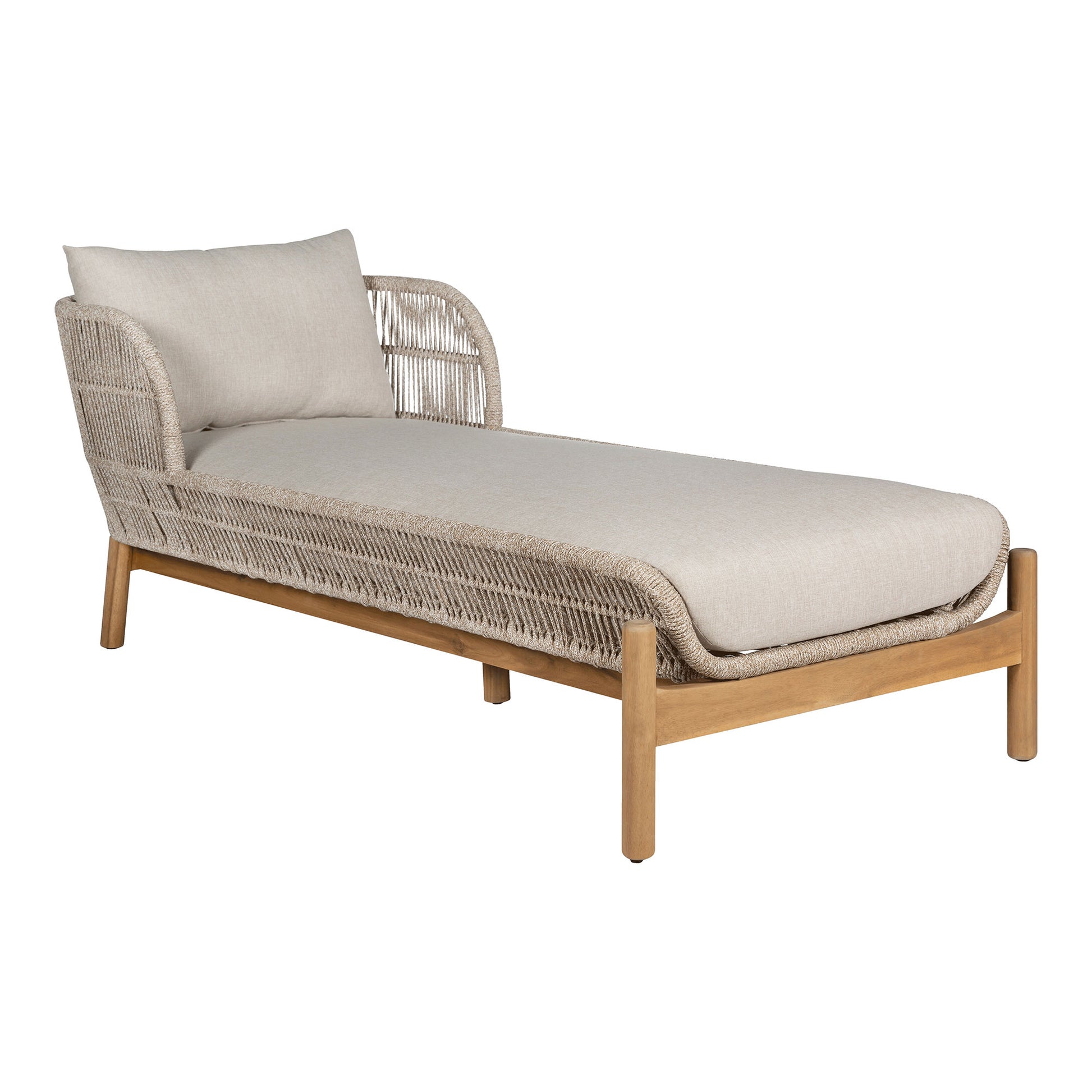Portofino outdoor sun lounger with beige cushion and acacia wood frame on white background