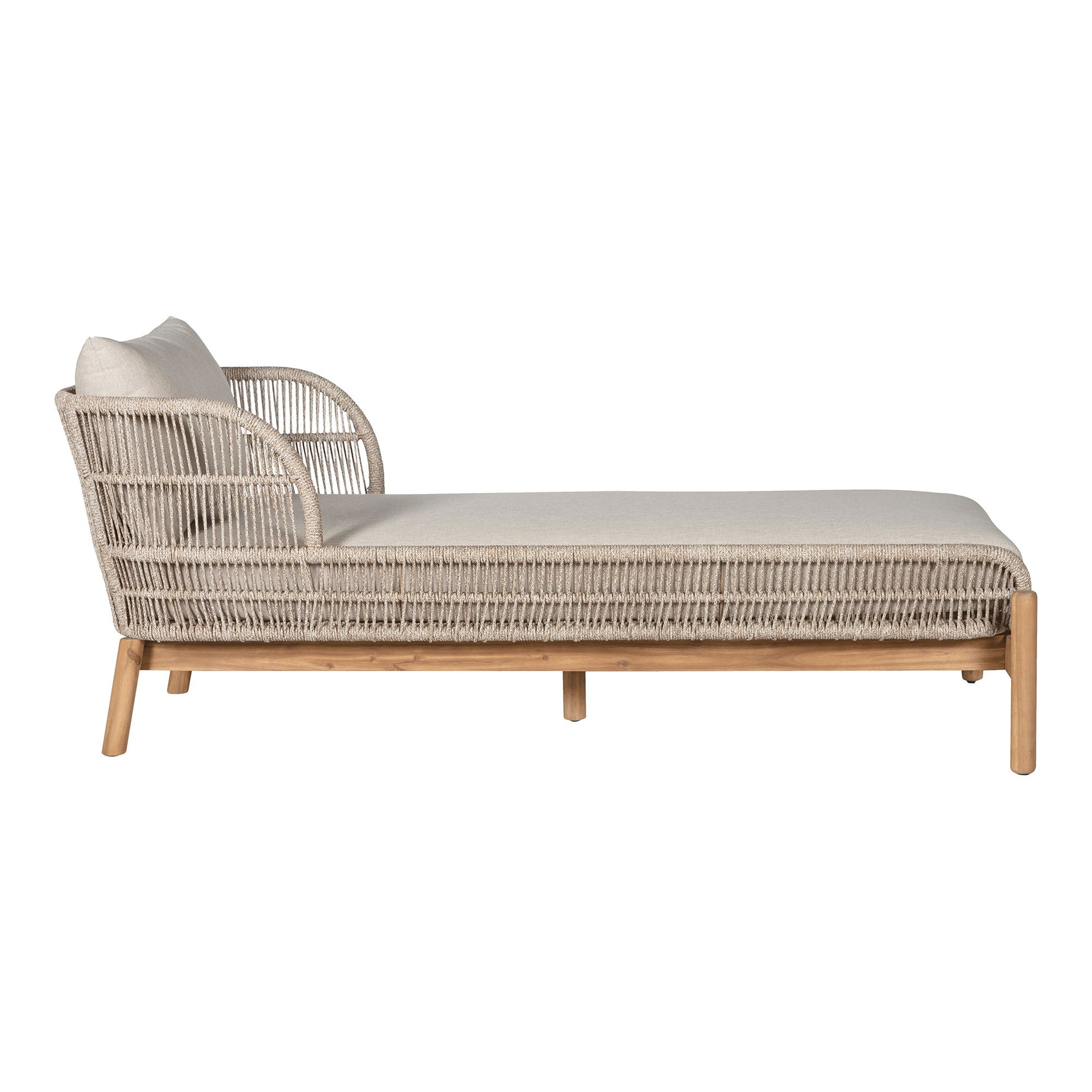 Side view of Portofino outdoor sun lounger showing acacia wood legs