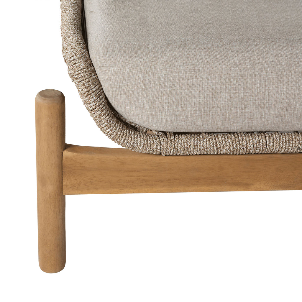 Close-up of a wooden chair with beige cushion on a white background