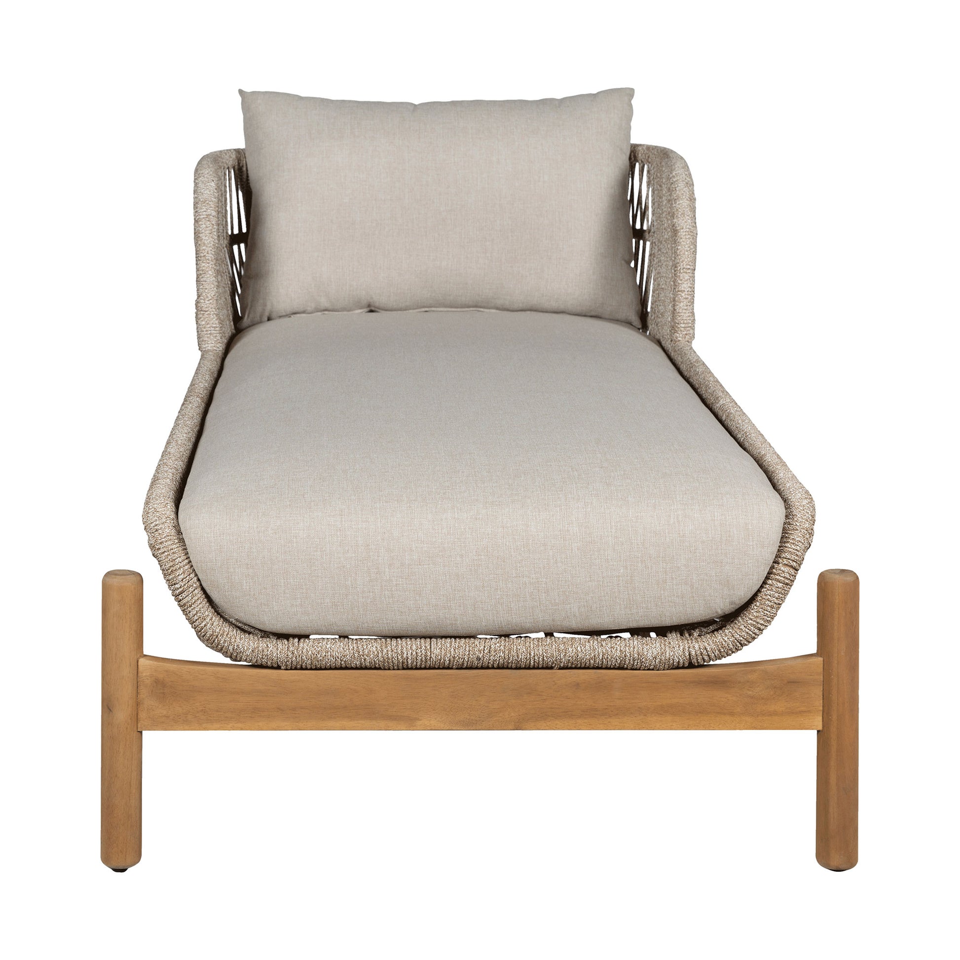 Portofino outdoor sun lounger front view with beige cushion and rope sides