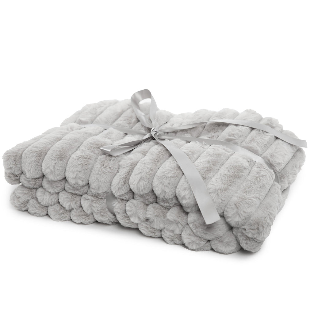 Gray textured blanket with a ribbon on a white background