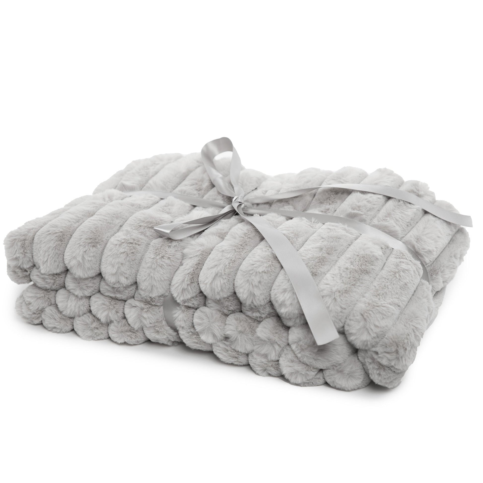 Gray textured blanket with a ribbon on a white background