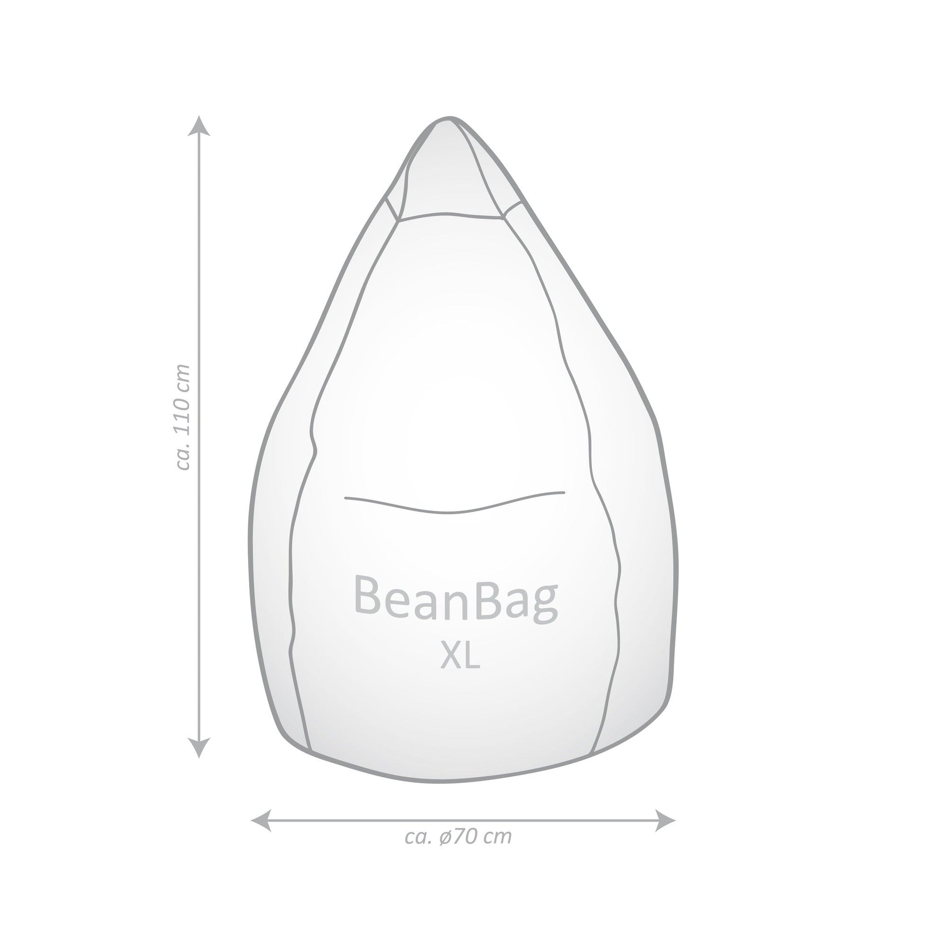 Diagram of a bean bag chair with dimensions on a white background