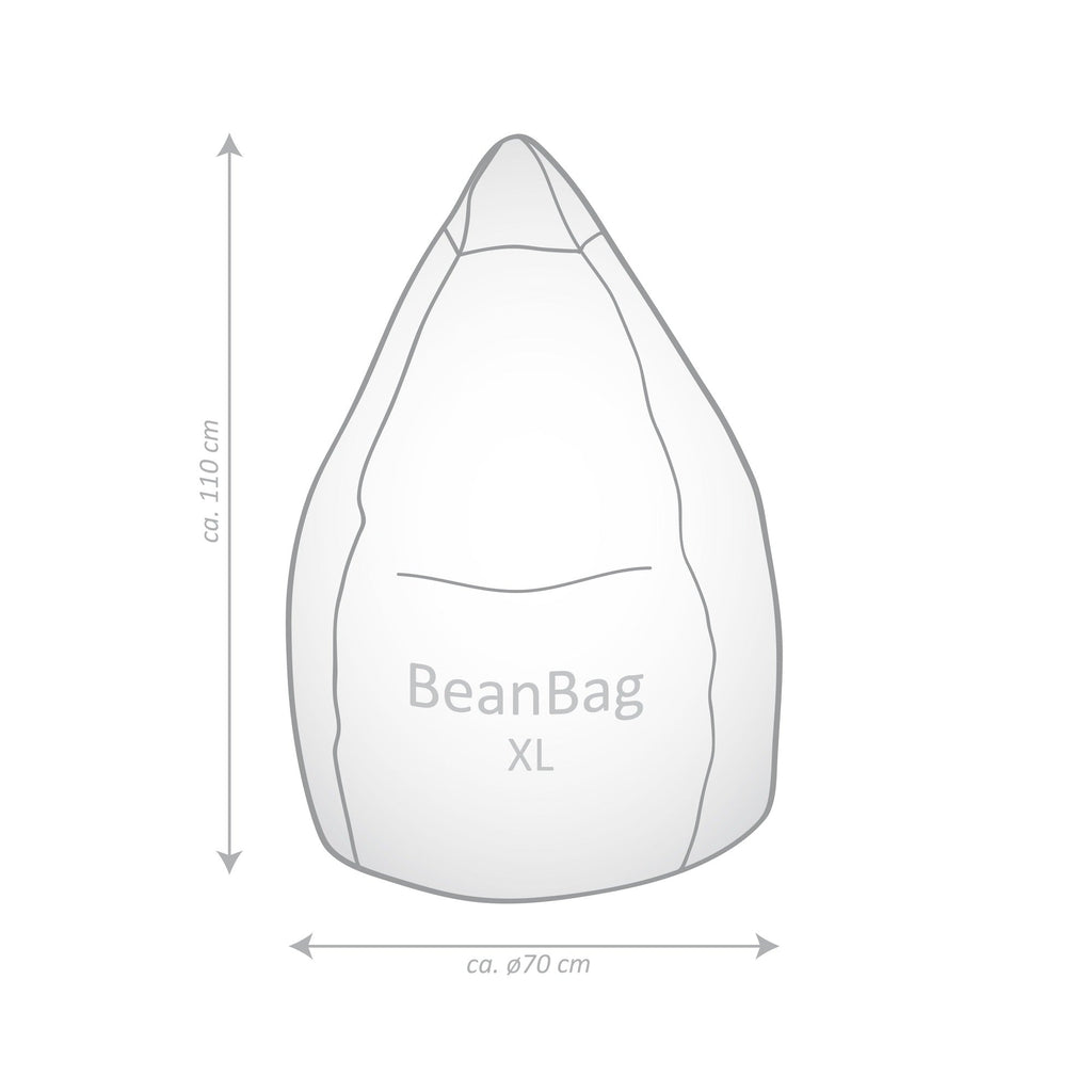 Diagram of a bean bag chair with dimensions on a white background
