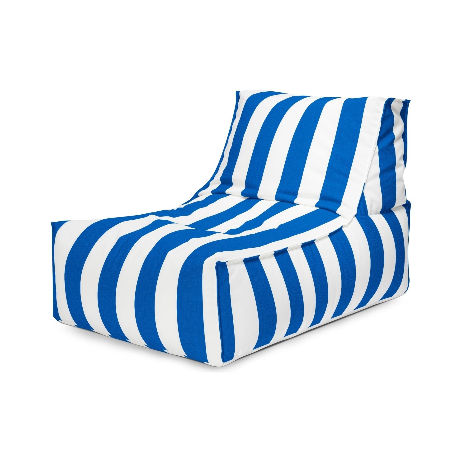 Blue and white striped bean bag chair on a white background
