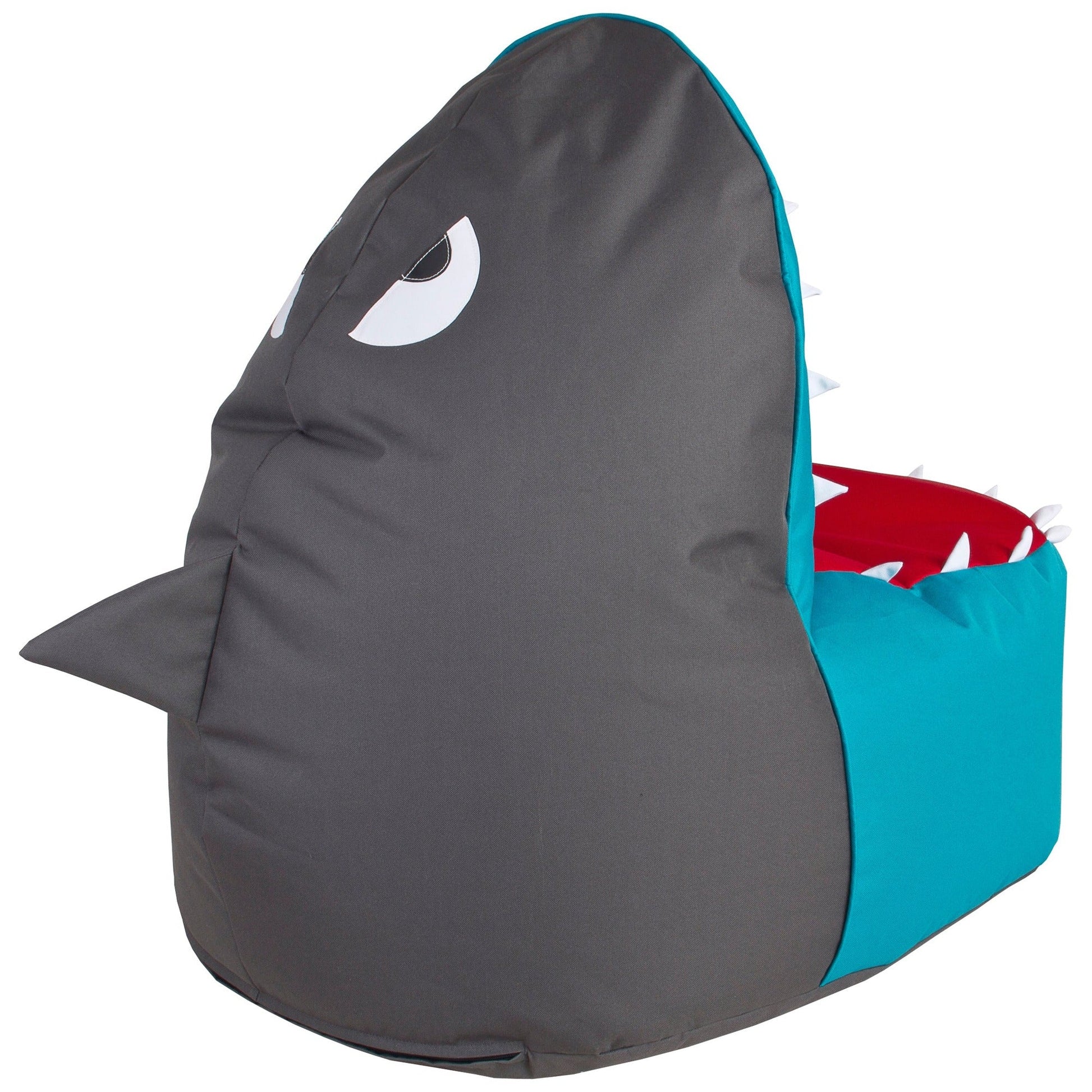 Shark-shaped bean bag chair with gray body, blue fin, and red interior on a white background